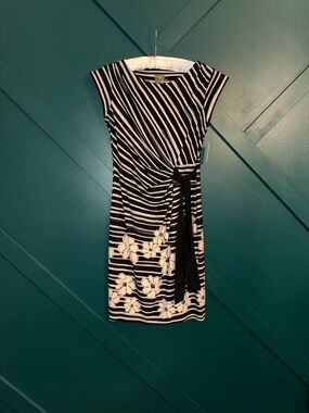 Taylor Black & White Striped Floral Tie-Waist Midi Dress